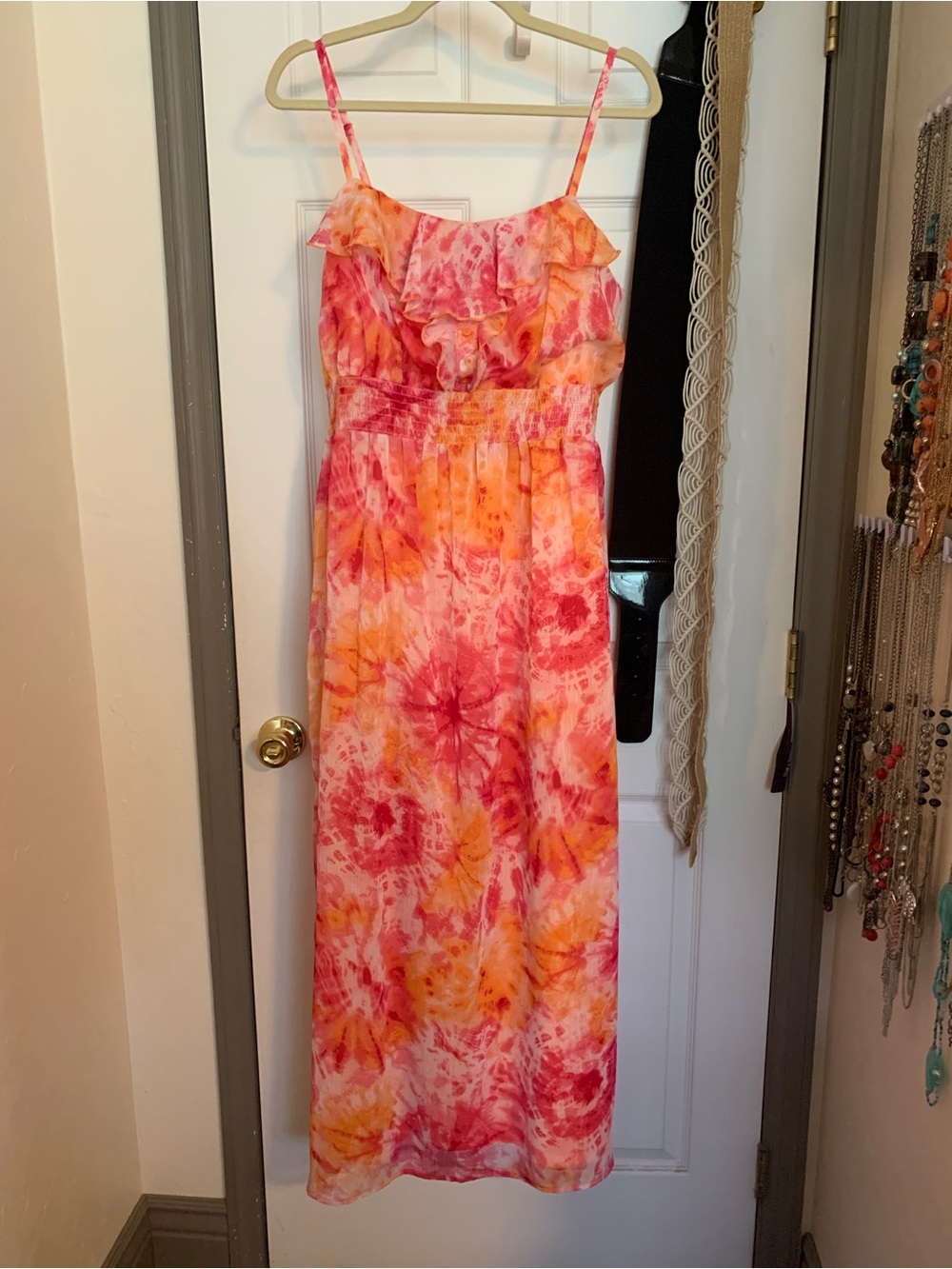 Faded Glory Pink & Orange Tie-Dye Ruffle Maxi Dress